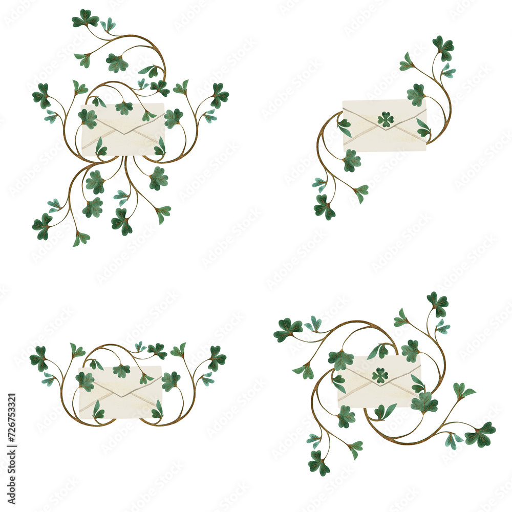 Se of white paper mailing envelopes with green four leaf clover for St. Patrick's Day invitation entangled with shamrock clover. Isolated watercolor illustration on white background. Clipart.
