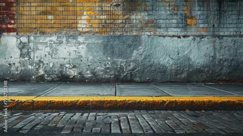 A gritty urban street curb with a distinct yellow line and cobblestone detail. photo