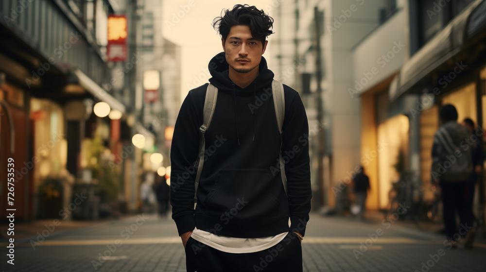 A HD Portrait of a young man with dark hair standing in the Streets of Tokyo. A HD Portrait of a young man with dark hair standing in the Streets of Tokyo.