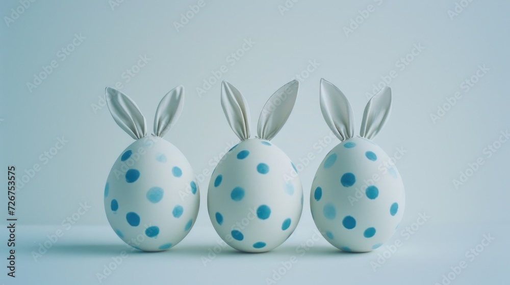  three white and blue eggs with blue polka dots and bunny ears on a light blue background with space for text.