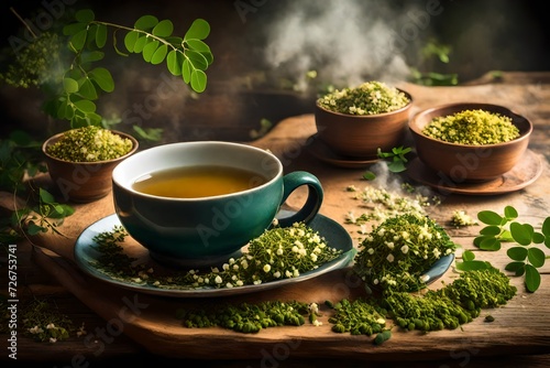 A Serene Journey through a Tranquil Tea Time Setting, Enchantingly Showcasing a Cup of Moringa Herbal Tea, Accompanied by Fresh Leaves and Blooms. Evoke a Profound Sense of Natural Serenity, Where Ev