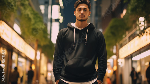A HD Portrait of a young man with dark hair standing in the Streets of Tokyo. 