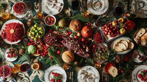  a table topped with plates of food and a platter of fruit on top of a table covered in greenery.
