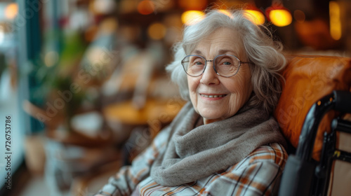 80 years old woman smiling bright in the camera sitting in a hypermodern wheelchair