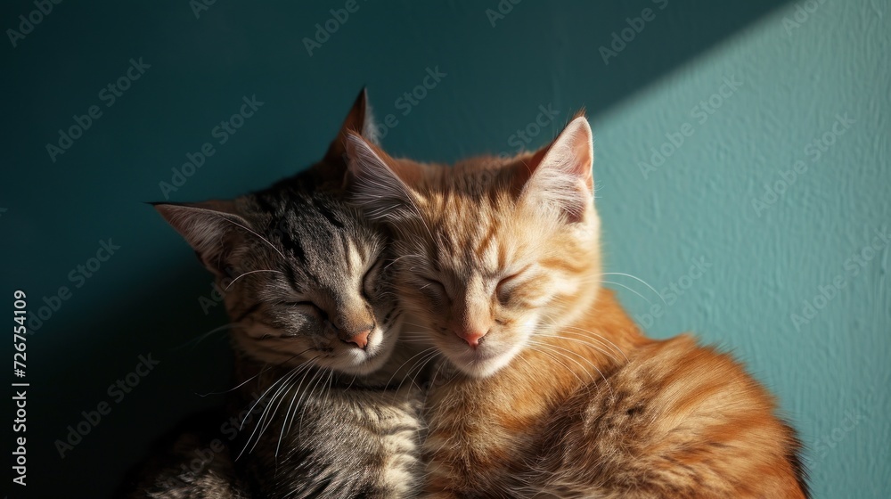 Fototapeta premium a couple of cats laying next to each other on top of a blue wall in front of a green wall.