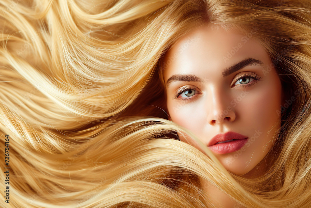 Closeup photo portrait of beautiful young female model woman shaking her beautiful blonde hair in motion Closeup photo portrait of beautiful young female model woman shaking her beautiful blonde hair in motion