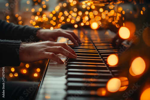 Closeup of male hands playing the piano pressing the keys with bokeh lights in the background