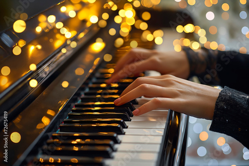 Closeup of female hands playing the piano pressing the keys with bokeh lights in the background