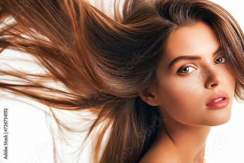 Closeup photo portrait of beautiful young female model woman shaking her beautiful brown hair in motion, isolated on a white background