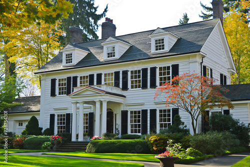 Colonial style American house. American classic home and house designs