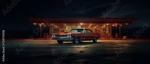 An illustration of a retro car next to a gas station at night photo