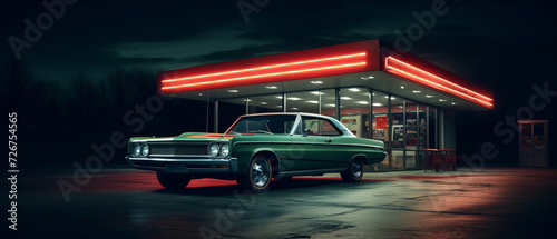 An illustration of a retro car next to a gas station at night