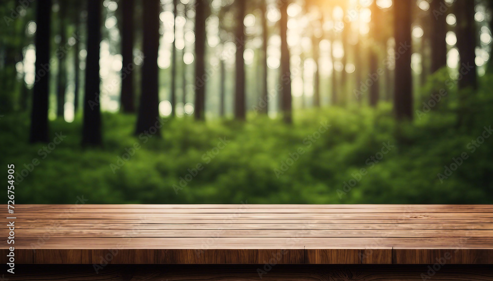 Round wood board on wooden table on forest background create by Ai Round wood board on wooden table on forest background create by Ai