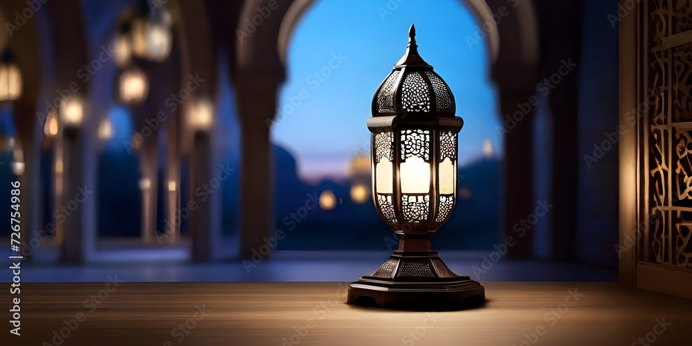 Landscape photo of an Islamic lantern lamp with blurred mosque in the background for Eid ul fitr , Eid ul adha and Ramadan Mubarak background, Ramzan Mubarak Poster, Ramadan Kareem banner copy space