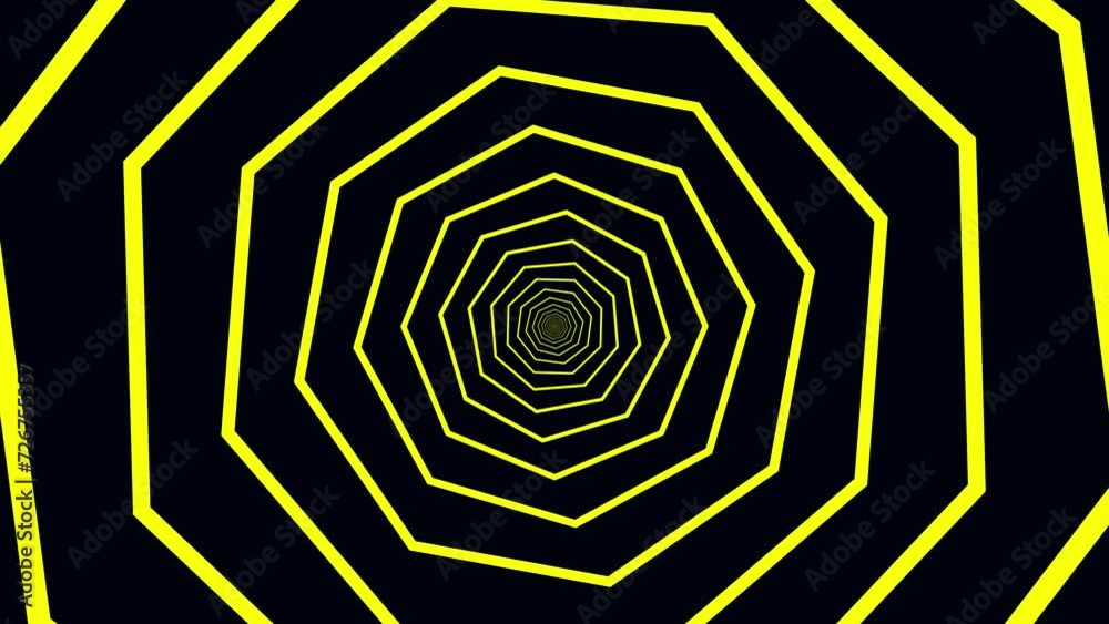 Green yellow glow hexagon tunnel loop. Seamless 4K animation. Abstract motion screen background with animated loop box. Glowing neon frames with bright colors on a black background. 3D rendering. Green yellow glow hexagon tunnel loop. Seamless 4K animation. Abstract motion screen background with animated loop box. Glowing neon frames with bright colors on a black background. 3D rendering.