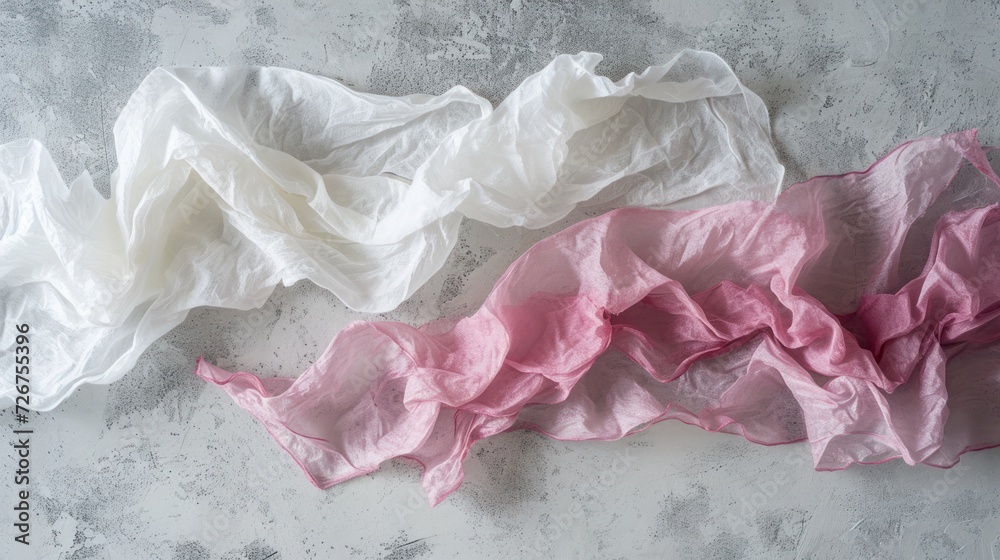 a couple of white and pink tissue sitting on top of a cement floor next to a pink and white piece of cloth. - obrazy, fototapety, plakaty 