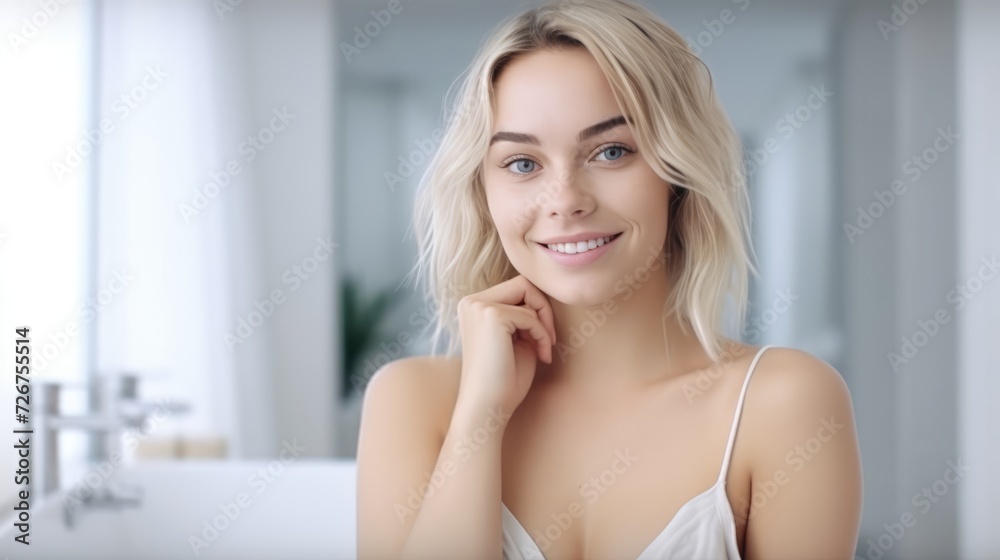 Portrait of beautiful blonde young woman with shaggy hairstyle smiling cheerfully, showing her white teeth to camera while feeling happy blurred bathroom background Portrait of beautiful blonde young woman with shaggy hairstyle smiling cheerfully, showing her white teeth to camera while feeling happy blurred bathroom background