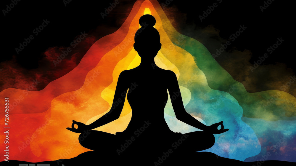 Woman silhouette Sitting in Yoga Position in Front of Rainbow Triangle . Watercolor.