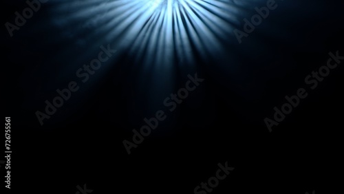 Studio shot of projector haze isolated on black background. Blue light rays shining from spotlight with smoke moving fast.