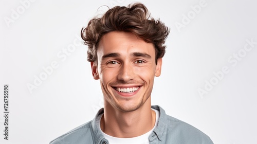 Portrait of happy smiling guy with white teeth looking at camera on white background.