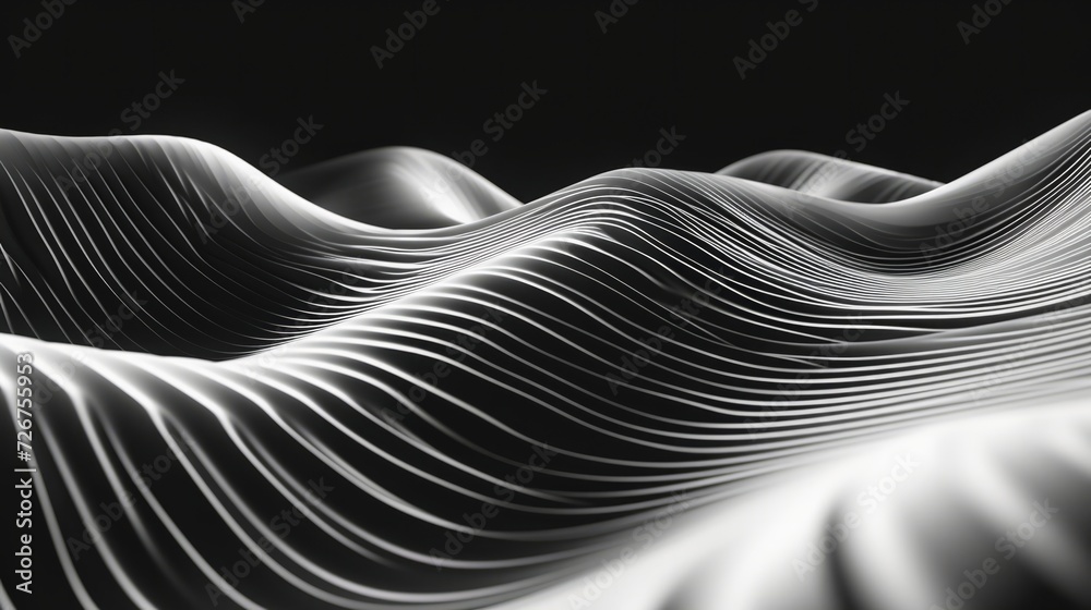 Abstract geometric curved space of white lines. Animation. Distorted space with three-dimensional textures of monochrome dark space
