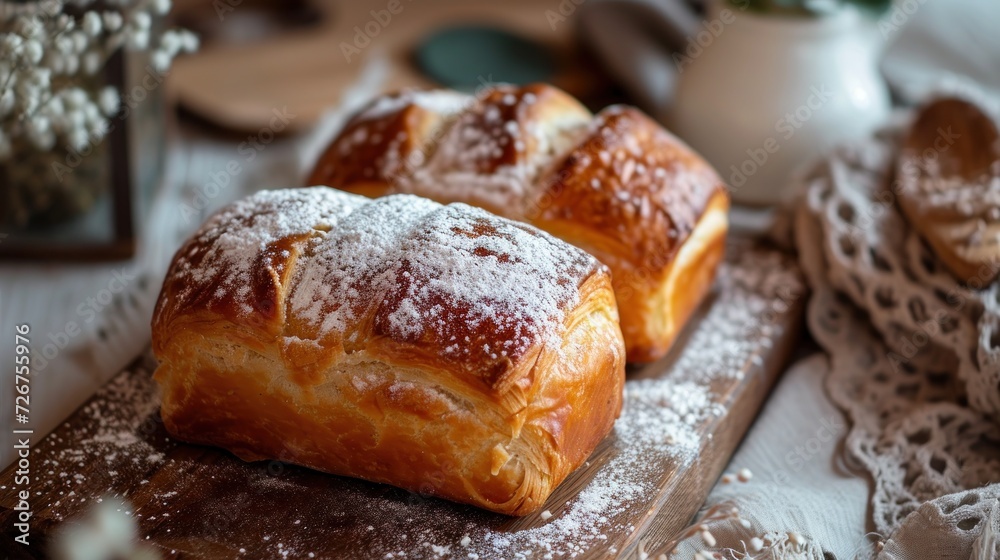 two croissants covered in powdered sugar sit on a cutting board next to other croissants. two croissants covered in powdered sugar sit on a cutting board next to other croissants.