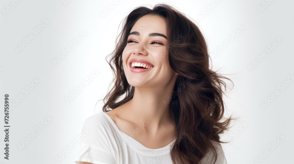 Portrait of beautiful brunette young woman with shaggy hairstyle smiling cheerfully, showing her white teeth to camera while feeling happy on white background Portrait of beautiful brunette young woman with shaggy hairstyle smiling cheerfully, showing her white teeth to camera while feeling happy on white background