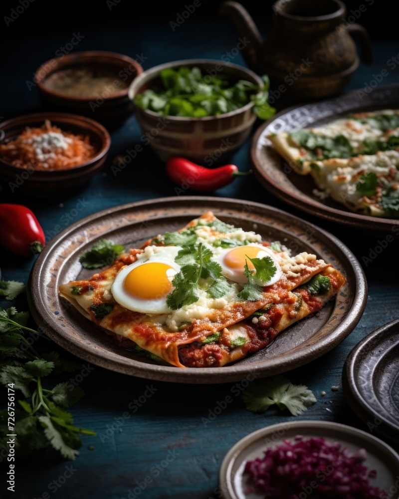  a plate of food with an egg on top of it and other plates of food around it on a table.