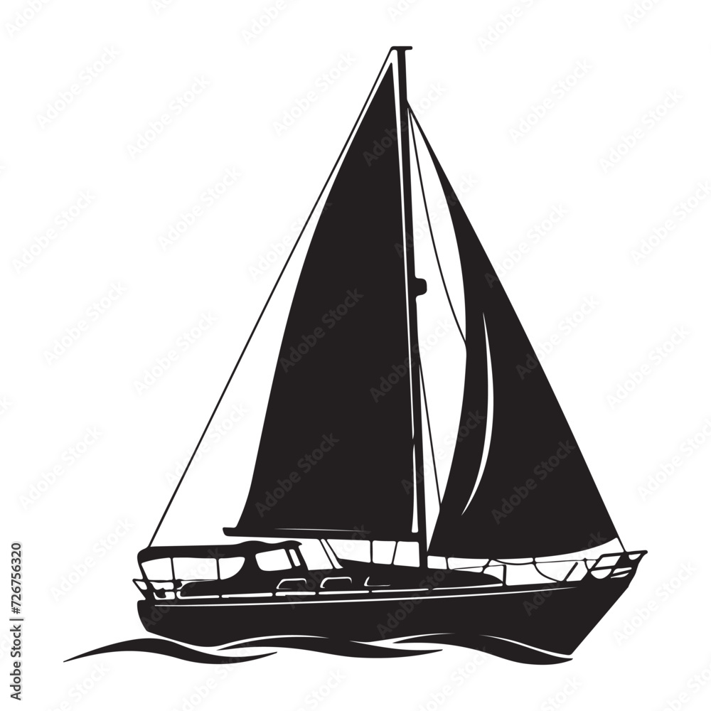 black silhouette of a Sailboat with thick outline side view isolated