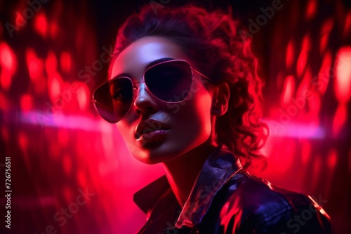 Trendy young woman in sunglasses with red neon club lights. Perfect for fashion, lifestyle, and music themes