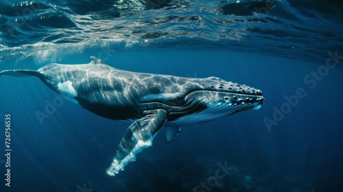 Majestic humpback whale swimming gracefully in the serene blue ocean depths, ideal for nature and travel themes © Andrei