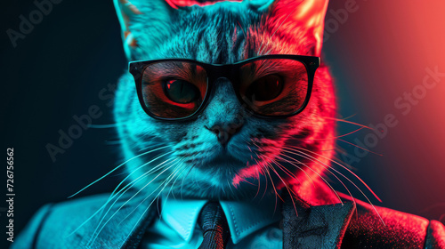 Cool business cat in a suit and sunglasses, in blue-red neon lighting, stylish pet portrait for fun and creative ads