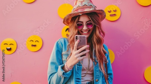 Smiling woman looking at smartphone on pink backdrop with emoji – ideal for social media and tech themes