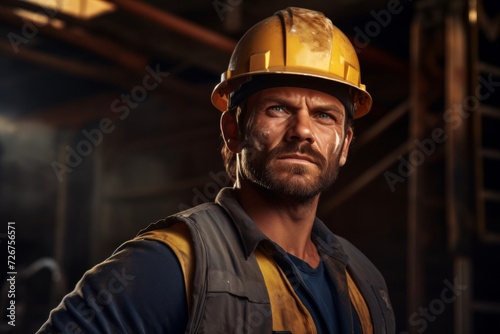 Confident construction worker in helmet, determined gaze captures labor spirit, ideal for industry-related content