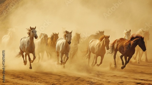 Herd of wild horses galloping in dusty wilderness, showcasing freedom and the beauty of nature