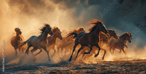 Majestic herd of wild horses galloping in dust at sunset, capturing the essence of freedom and power photo