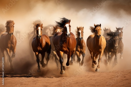 Herd of wild horses in dust-filled stampede, symbolizing untamed power and freedom Ideal for adventure and nature themes © Andrei