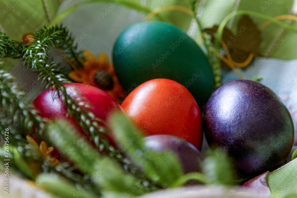 Easter Eggs. Colored Easter Eggs in a Basket. Easter Egg in Nest on Vintage Background with Copy Space. Easter Eggs. Colored Easter Eggs in a Basket. Easter Egg in Nest on Vintage Background with Copy Space.