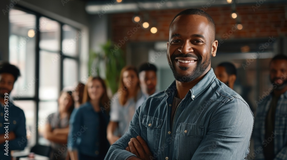 Confident Business Leader with Diverse Team in Modern Office