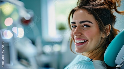 Cheerful young woman smiling in dental chair, representing positive healthcare and modern dentistry