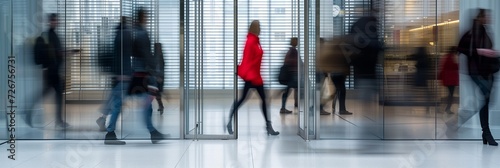 Interior view, Blurred Motion of busy People Walking inside lobby and entrance office.