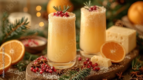  two glasses filled with orange juice and garnished with sprinkles on a wooden board surrounded by orange slices and christmas decorations.