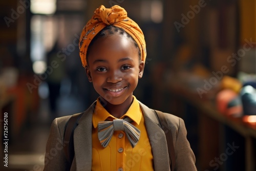 Smiling schoolgirl in bright classroom, symbolizing joy in education photo