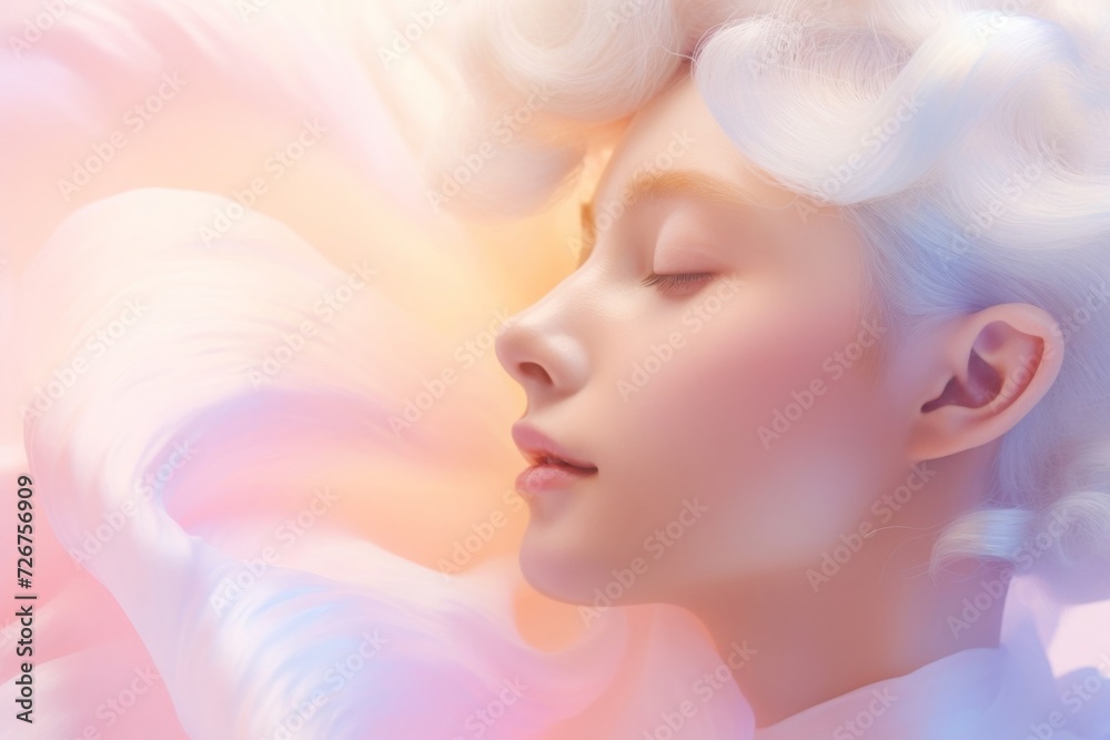 Serene woman in a dreamy pastel fantasy