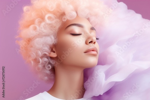 Serene woman with pink curly hair and soft fabric, embodying elegance and contemporary fashion