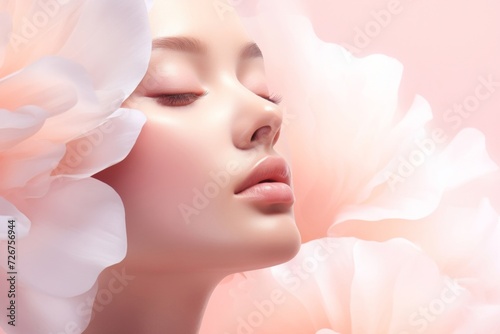 Serene portrait of a woman with ethereal floral backdrop, ideal for beauty and skincare marketing