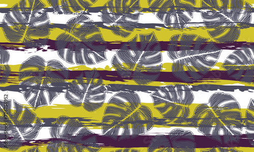 Monstera exotic foliage botanical repeat ornament over stripes background.