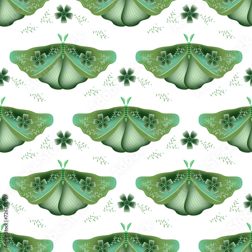 Night fly with floral ornamebt on wings vector seamless pattern, photo