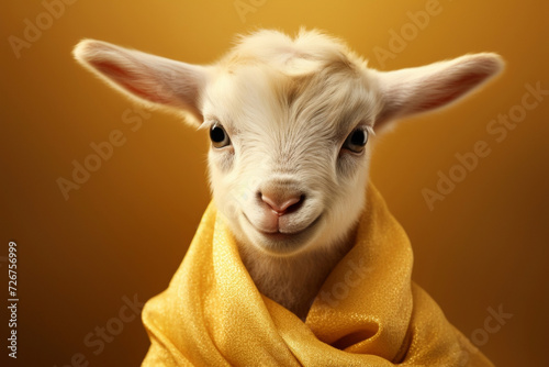 Cute baby goat wrapped in yellow satin, perfect for pet care, farming, and cheerful themes
