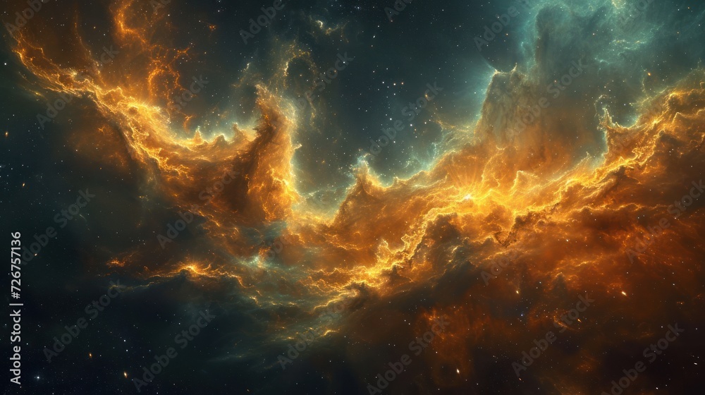  a computer generated image of an orange and blue space filled with stars and a cloud like structure in the center of the image.